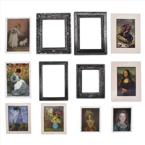 iLAND Miniature Dollhouse Accessories for Dollhouse Furniture on 1:12 Scale, Dollhouse Frames w/Printed Classic Paintings Set (4 Bright Golden Frames & Pictures)