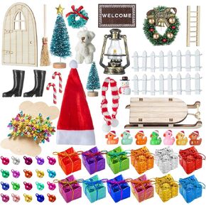 61Pcs Doll House Christmas Hat Decoration Miniature Dollhouse Accessories String Fake Light Door Mini Xmas Tree 1:12 Model Pretend Toys DIY Festival Party Wreath Snowman Fairy Cane Candy Garden