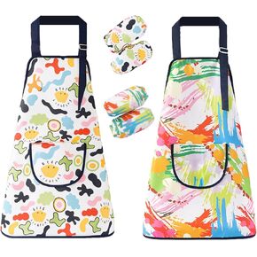 2 Pack Kids Apron Girls Boys Kids Painting Apron Waterproof Kids Aprons for Cooking Art Apron with Pockets for Kids Baking Activity Kitchen Crafts