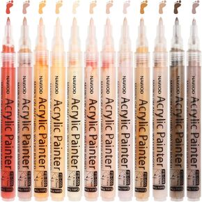 NAWOD Skin Tones Art Markers, Acrylic Paint Pens Set of 12 Skin Colors Paint Markers for Rocks Canvas Tiles Glass Ceramic Wood Sketch Portrait Manga Drawing Illustration Sketching, Extra Fine Tip