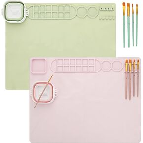 FVIEXE 2PCS Silicone Painting Mat with Water Cup, 20x16 Inch Silicone Art Mat Silicone Craft Mat for Painting Paint Mats Silicone Drawing Mat Each with 10 Paint Brush (Green, Pink)