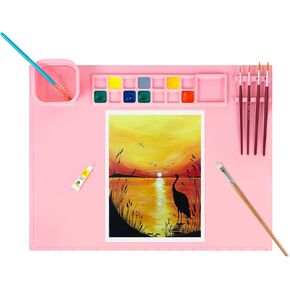 Silicone Painting Mat for Kids, Pink Silicone Art Mat,Washable Paint Mats with 1 Water Cup for Kids,Children,Resin,DIY,Clay,Play Doh (20" x 16",Pink)