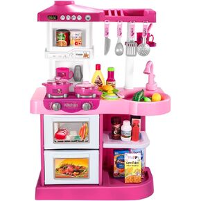 TEMI Play Kitchen Playset Pretend Food - 53 Pieces Pink Kitchen Toys for Toddlers, Toy Accessories Toddler Set with Sound and Light, Toddler Outdoor Playset for Kids, Girls and Boys