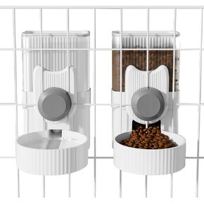 Hanging Cage Automatic Small Pet Food Bowl Water Bottle Dispenser, 1L Auto Gravity Pet Feeder and Waterer Set Kennel Feeding Station Crate Feeder Dish for Rabbit Puppy Cats Ferret (Grey)