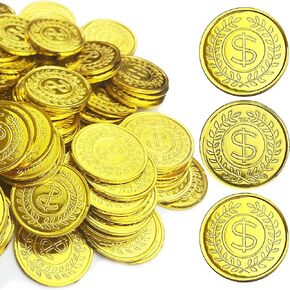 KOMIDK 100 Pcs gold plastic coins fake gold coins Treasure Hunt Game and Party Favors