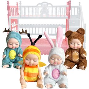 AMETUS 4 Pcs Mini Baby Dolls with Bunk Bed, Dollhouse Bedroom Furniture Set, Little Mini Reborn Babies, Cute Doll for Girls Kids, Birthday Baby Shower Party Gifts, Bunny Bee Bear Deer