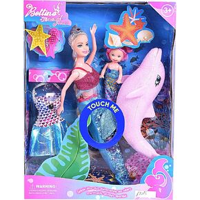 BETTINA Mermaid Princess Doll Pack, Color Changing Mermaid Tail, Dress Doll 12" and Dress Doll 3" and Dolphin, Color Reversal Mermaid Toys for Little Girls and Play Gift Set Aged 3+