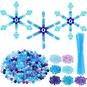 Threlaco 8 Sets Christmas Beaded Pipe Cleaner Snowflakes Crafts Winter Blue Snowflakes Ornament Kit Xmas Mix Pony Beads Snowflakes for DIY Decorations Craft Making Supplies in Kuwait