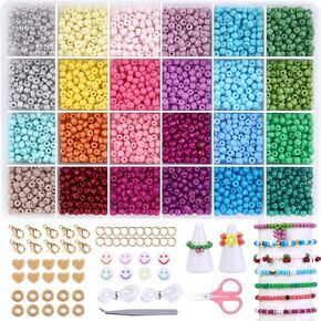 Glass Seed Beads for Bracelet Making Kit, 24 Colors 6/0 4mm Small Pony Beads Multicolor Beading Beads with Container Box for Jewelry Making - Approx 6000pcs
