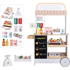 Kids Wooden Toy Food Cart Pretend Play Grocery Store Wooden Supermarket Playset with Games Grilled Food, Chalkboard, Cash Register, Store Gifts for Boys and Girls Over 3 Years Old