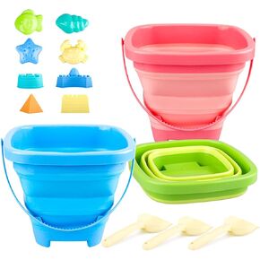 Beach Toys, 3 Packs Collapsible Sand Bucket Set with Sand Castle Toys, Animal Molds, Shovel, Beach Essentials for Kids