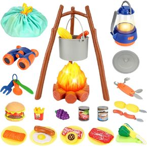 Kids Camping Toys Set, Pretend Play with Campfire, Pretend Cutting Food for Play Kitchen Camping Gear for Kitchen Indoor Outdoor Camping Toys for Kids Toddlers Boys Age 3 4 5 6 7 8+