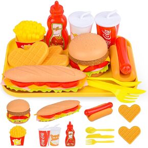 Pretend Play Fast Food Set,Play Food for Kids with Take Apart Burger and Hot Dog Plastic Toys Food,Play Kitchen Accessories Role Play Toys Christmas Birthday Gift for Kids Toddler Boys Girls