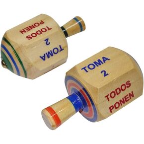 More Fiesta-Pack of 2 Pirinola Toma Todo Game - Set of 2 Hand Painted Wood 3 Inches Tall Spinning Tops Traditional Mexican Game in Spanish, for Cinco De Mayo Party (Traditional)