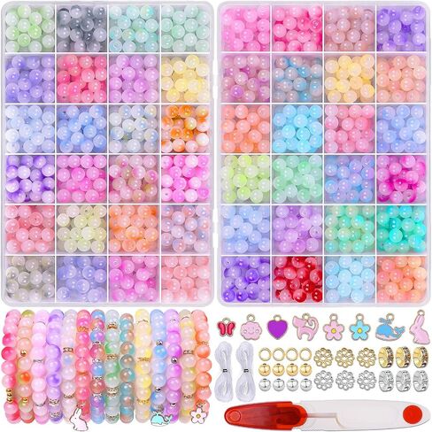Wuollgess 1700Pcs 8mm Glass Beads for Jewelry Making, 48 Colors Crystal Beads for Bracelet Making Kit Round Beads DIY Craft for Teen Adults, 2 Box in Kuwait