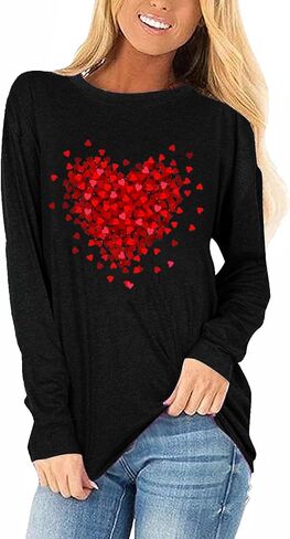 Woffccrd Womens Love Heart Shirts Long Sleeve Valentine's Day Crewneck Casual Plaid Heart Gnomes Graphic Tee Tops in Saudi Arabia