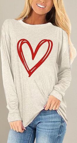 Woffccrd Womens Love Heart Shirts Long Sleeve Valentine's Day Crewneck Casual Plaid Heart Gnomes Graphic Tee Tops in Saudi Arabia