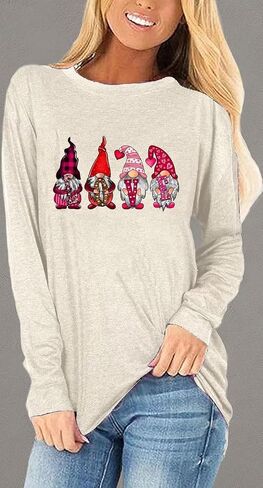 Woffccrd Womens Love Heart Shirts Long Sleeve Valentine's Day Crewneck Casual Plaid Heart Gnomes Graphic Tee Tops in Saudi Arabia