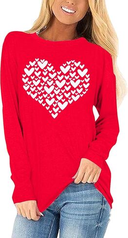 Woffccrd Womens Love Heart Shirts Long Sleeve Valentine's Day Crewneck Casual Plaid Heart Gnomes Graphic Tee Tops in Saudi Arabia