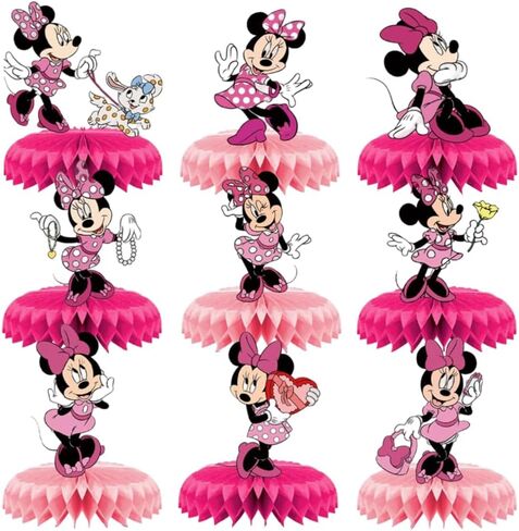 9Pcs Pink Cartoon Mouse Party Decorations, 3D Double Side Cake Toppers, Girls Mouse Theme Honeycomb Centerpieces Table Toppers, Cartoon Mouse Birthday Supplies for Kids in Saudi Arabia
