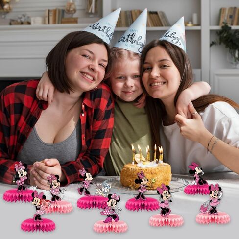 9Pcs Pink Cartoon Mouse Party Decorations, 3D Double Side Cake Toppers, Girls Mouse Theme Honeycomb Centerpieces Table Toppers, Cartoon Mouse Birthday Supplies for Kids in Saudi Arabia