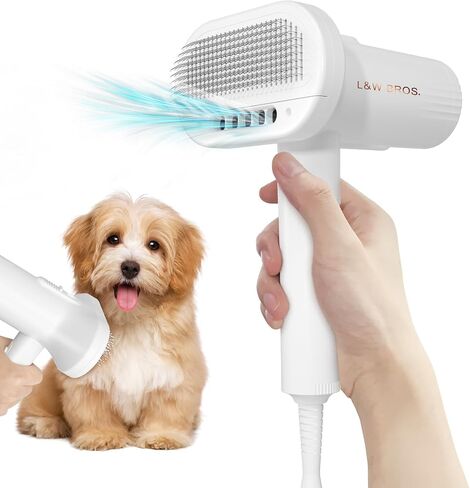 L&W BROS. Low Noise Pet Dryer for Small Dogs - 2-In-1 Indoor Grooming Dryer with Slicker Brush, Adjustable Temperature and Overheating Protection (White) in Saudi Arabia