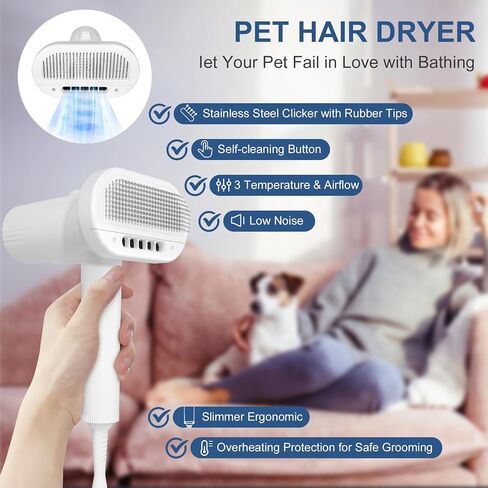 L&W BROS. Low Noise Pet Dryer for Small Dogs - 2-In-1 Indoor Grooming Dryer with Slicker Brush, Adjustable Temperature and Overheating Protection (White) in Saudi Arabia