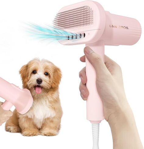 L&W BROS. Low Noise Pet Dryer for Small Dogs - 2-In-1 Indoor Grooming Dryer with Slicker Brush, Adjustable Temperature and Overheating Protection (White) in Saudi Arabia