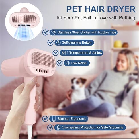 L&W BROS. Low Noise Pet Dryer for Small Dogs - 2-In-1 Indoor Grooming Dryer with Slicker Brush, Adjustable Temperature and Overheating Protection (White) in Saudi Arabia