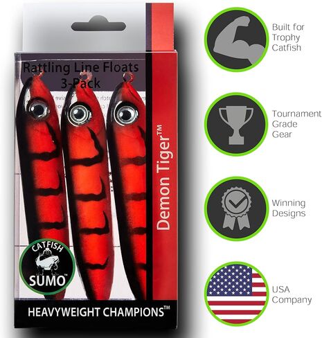 Catfish Rattling Line Float Lure for Catfishing, Demon Dragon Style Peg for Santee Rig Fishing, 4 inch (3-Pack, Green Sunfish, Blue Crappie, Purple Shiner) in Kuwait