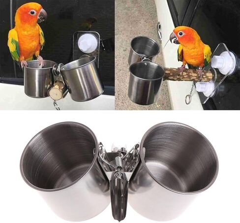 Silver Parrot Feeding Cups Hanging Pet Animal Stainless Steel Birdcage Bowls Bird Bowls for Cage Parakeet Bird Cage Accessories Suitable Small and Medium Bird Pet Supplies in Saudi Arabia