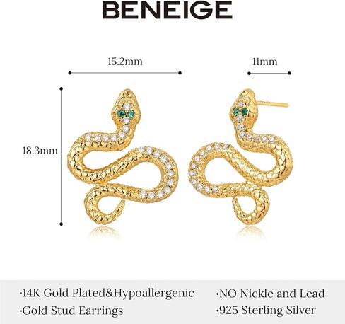 BENEIGE Gold Stud Earrings for Women Dainty 14K Gold Plated Snake Studs Earrings Handmade Hypoallergenic Minimalist Jewelry for Women in Saudi Arabia