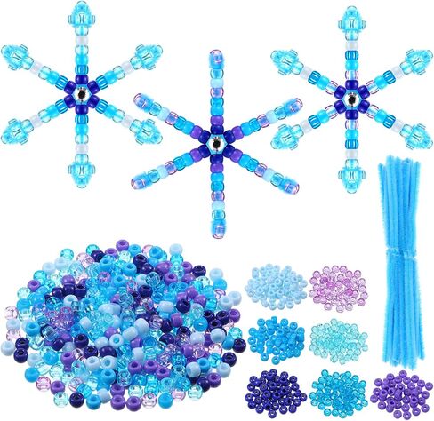Threlaco 8 Sets Christmas Beaded Pipe Cleaner Snowflakes Crafts Winter Blue Snowflakes Ornament Kit Xmas Mix Pony Beads Snowflakes for DIY Decorations Craft Making Supplies in Kuwait