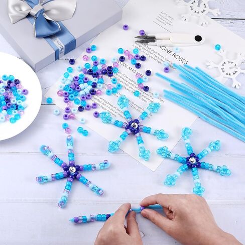 Threlaco 8 Sets Christmas Beaded Pipe Cleaner Snowflakes Crafts Winter Blue Snowflakes Ornament Kit Xmas Mix Pony Beads Snowflakes for DIY Decorations Craft Making Supplies in Kuwait