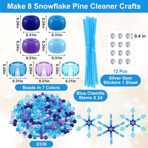Threlaco 8 Sets Christmas Beaded Pipe Cleaner Snowflakes Crafts Winter Blue Snowflakes Ornament Kit Xmas Mix Pony Beads Snowflakes for DIY Decorations Craft Making Supplies in Kuwait