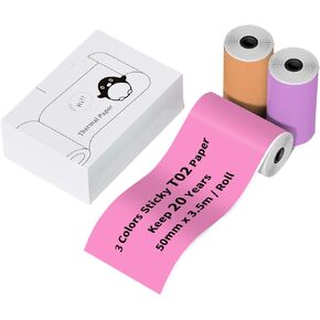 Thermal Sticker Paper Purple/Pink/Orange, Compatible with Sticker Maker T02/M02X/M02L/Y02C/Q02, 50mm x 3.5m Thermal Stickers for 20 Years, Mini Printer Paper Suitable for Journal, Photo, Notes