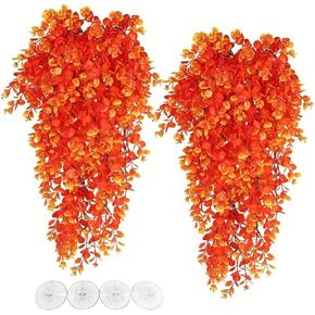 Hamiledyi Fake Reptile Plants 2 Pack Hanging Fake Plants, Plants for Reptiles with Suction Cup, Fake Amphibian Plants for Bearded Dragon Lizard Geckos Chameleon Tank (Orange)