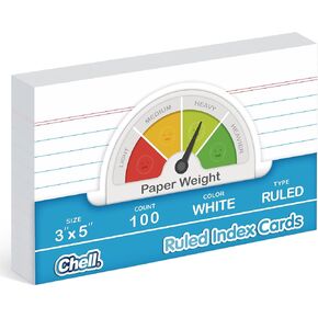 Chell Ruled Index Cards 3x5 Inch Heavyweight, 100 Count, Ruled Front and Blank Back, 65 lb. Cover Weight, White