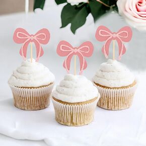 Pink Bow Paper Cupcake Topper - Birthday Party Decoration, Bow Theme Party Decoration, Bachelorette Wedding Party Decoration, Pink Bow Cake Crush Photo Props