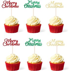 Gexolenu 36 PCS Merry Christmas Cupcake Toppers, Double-sided Glitter Mixcolor Christmas Cupcake Picks For Celebrating Christmas Theme New Year Xmas Holiday Party Cake Decorations Supplies in Kuwait