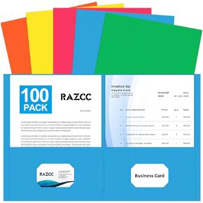 Two Pocket Folders, RAZCC 100 Pack File Folders with Pockets Fit Letter Size Paper, Thick Paper File Folder for School Office Business Home, Assorted 5 Colors