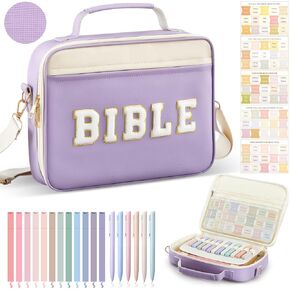 Large PU Leather Chenille Letter Bible Cover for Woman with Journaling Accessories Bible Tabs 6 Colored Gel Pen 12 Highlighters for Study Gift for Christmas 12 x 9 x 2.5"(Pink)