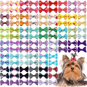 PET SHOW Pet Dog Hair Bows Bowknot for Yorkshire Girls Topknot with Rubber Bands Cat Puppy Headdress Grooming Hair Accessories Random Color Pack of 50pcs = 25pairs