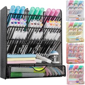 Spacrea Pen Holder Desk Organizer - Desk Organizers and Accessories, Pencil Holder with 10 Compartments and 1 Drawer（White）