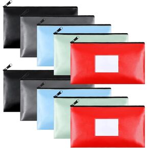 10 Pack Money Bags with Zipper, PU Leather Bank Deposit Bags, Waterproof Money Pouch for Organize Cash, Coins, Cosmetics, Invoice, Bills, Tools, 11.2 x 6.1 Inches - 5 colors