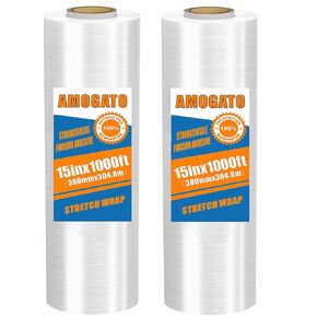 Stretch Film for Moving and Packaging - Strong, Residue-Free, Heavy Duty Shrink Wrap Easy to Use with Blue Handles, 2 Pack Clear 15 Inch x 1000 Feet