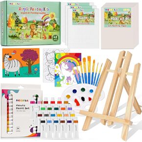 ACGASK 43 Pieces Acrylic Painting Kits for Kids,Non Toxic Arts Supplies and Paint Set for Kids with 6 Canvas Panels,24 Color Paints,15 Paper pad,Table Easels,10 Brushes Etc,Painting Kit Gift