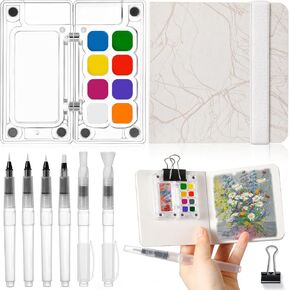 9 Pcs Mini Portable Watercolor Palette Set Include Clear Acrylic 8 Grid Paint Box Watercolor Paper Pad Sketchbook Paint Brush Binder Clip for Painters Artists Gift