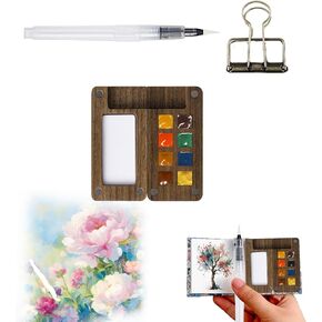 Mini Paint Palette Travel kit - Mini Watercolor Paint Palette Set, Pocket Artist Watercolor Travel Set with Colours, Binder Clips, Watercolor Pens, Wooden Paint Box for Painters Artists Students