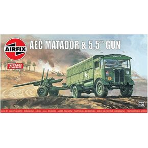 Airfix Quickbuild Vintage Classics AEC Matador & 5.5'' Gun 1:76 Military Ground Vehicle Plastic Model Kit A01314V, Multicolor